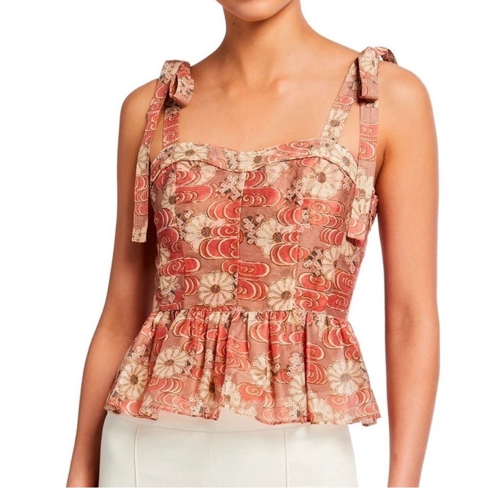 Ulla Johnson Helia Top $455 Women's Brown Tie-Shoulder Peplum Size 8